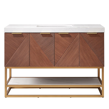 Open image in slideshow, Mahon 48G" Free-standing Single Bath Vanity in North American Deep Walnut with White Grain Composite Stone Top